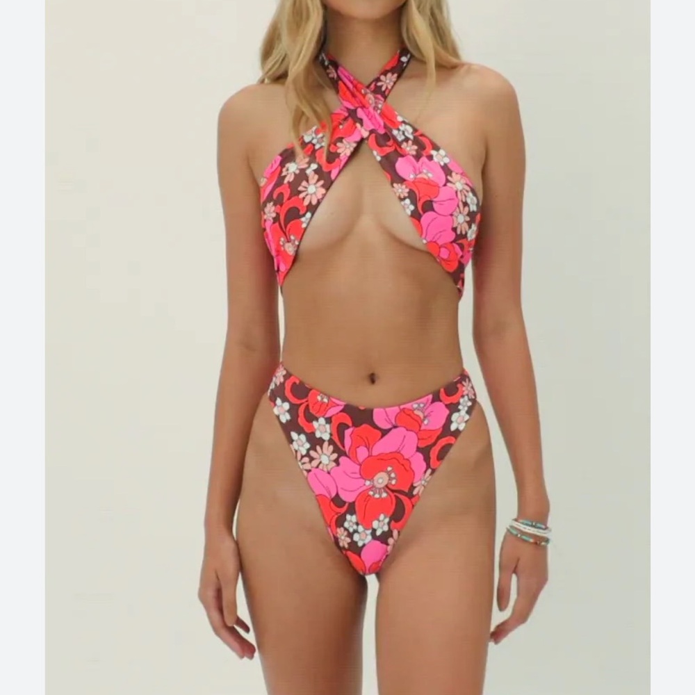 Frankie’s Bikinis Dorothy Floral Halter One Piece Swimsuit